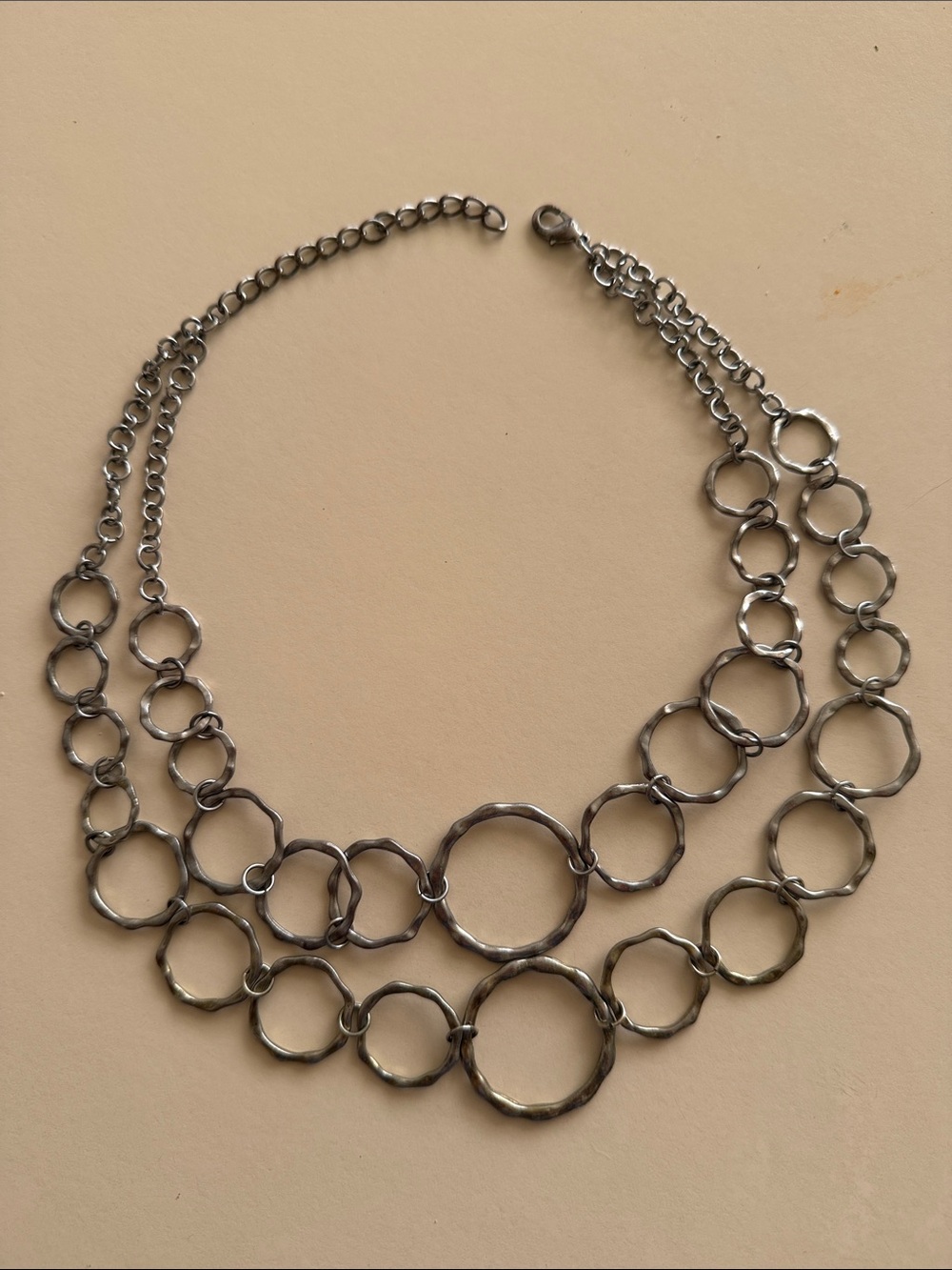 Silver-Tone Multi-Tier Hammered Circle Link Statement Necklace